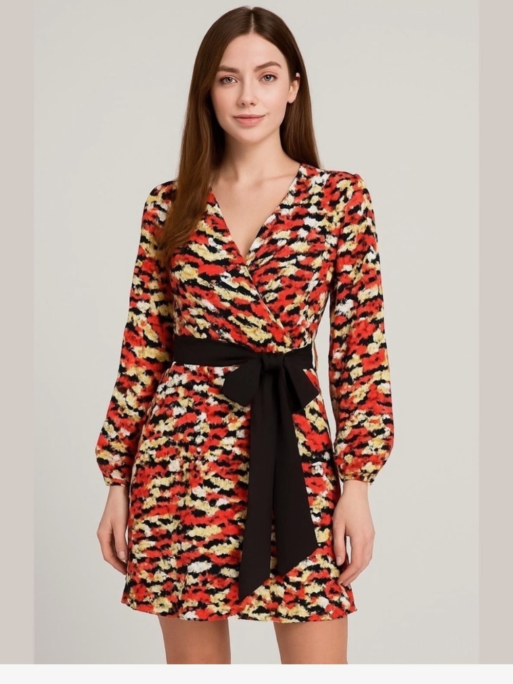 Black-Tie Waist Red Multi-Print Long-Sleeve Dress
